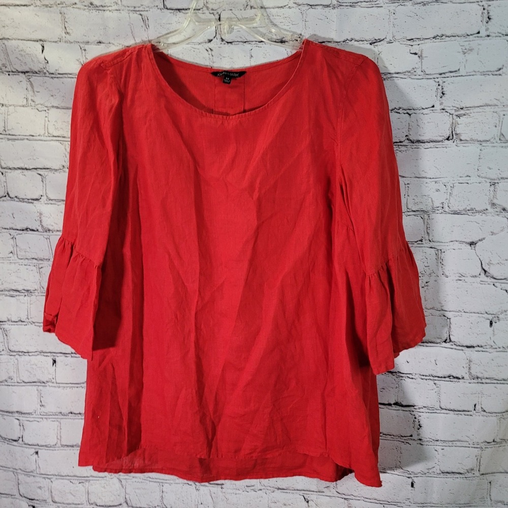 John Mark Women's Linen Tunic Top Size M Red 3/4 Bell Sleeve Beachy‎ Coastal